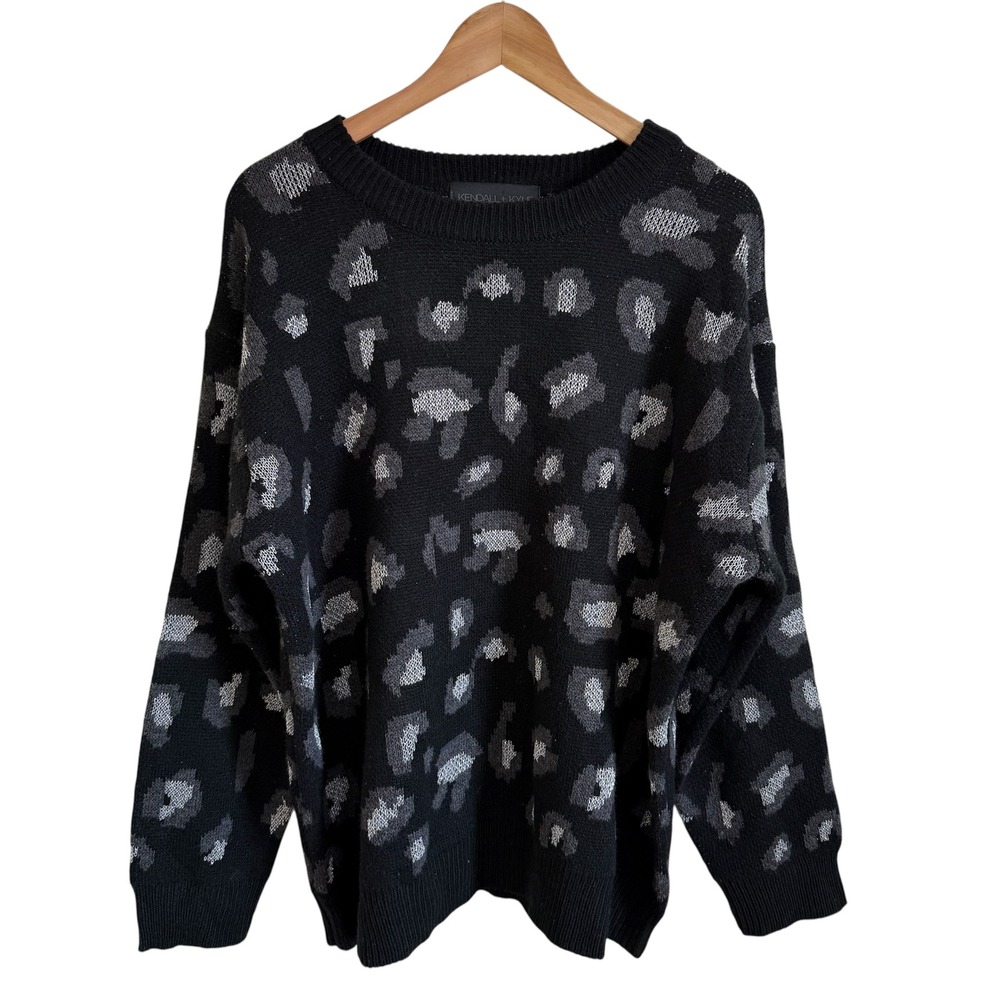 Kendall + Kylie Leopard Print Sweater Black Gray Knit Oversized XL